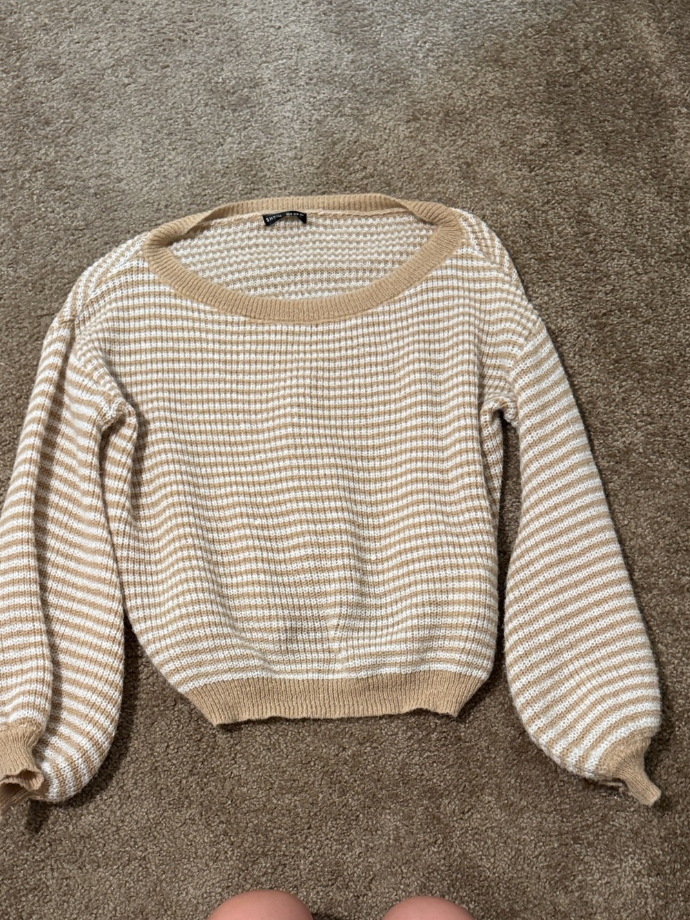 SHEIN Beige and Cream Striped Crewneck Sweater